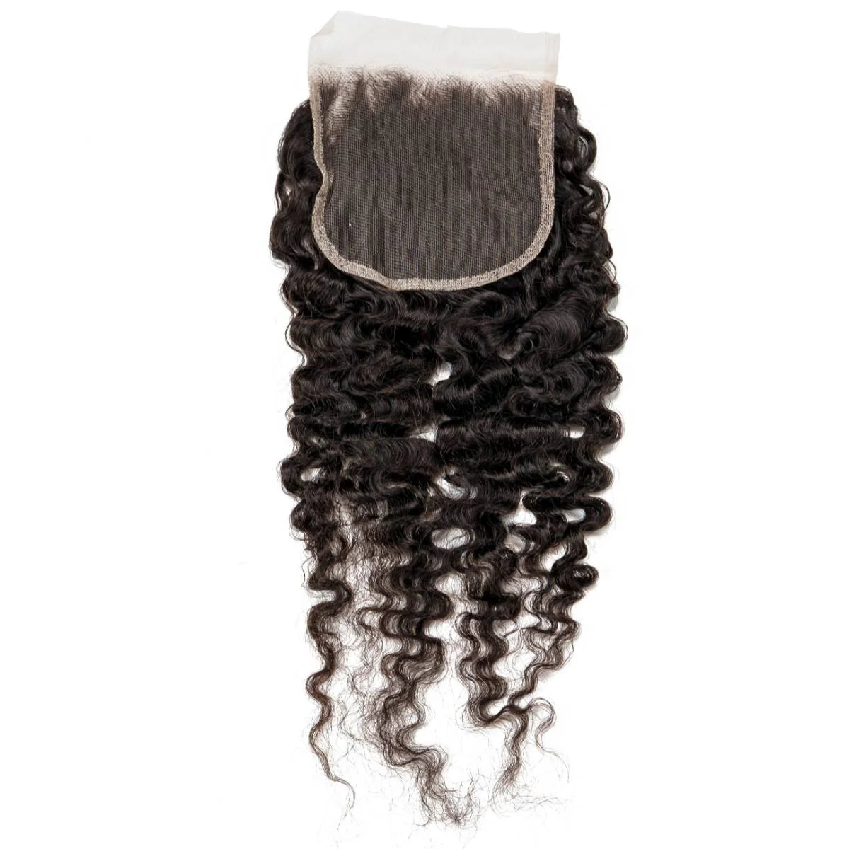 Curly hair extension with a lace closure on a white background HookedOnBundles Virgin Hair