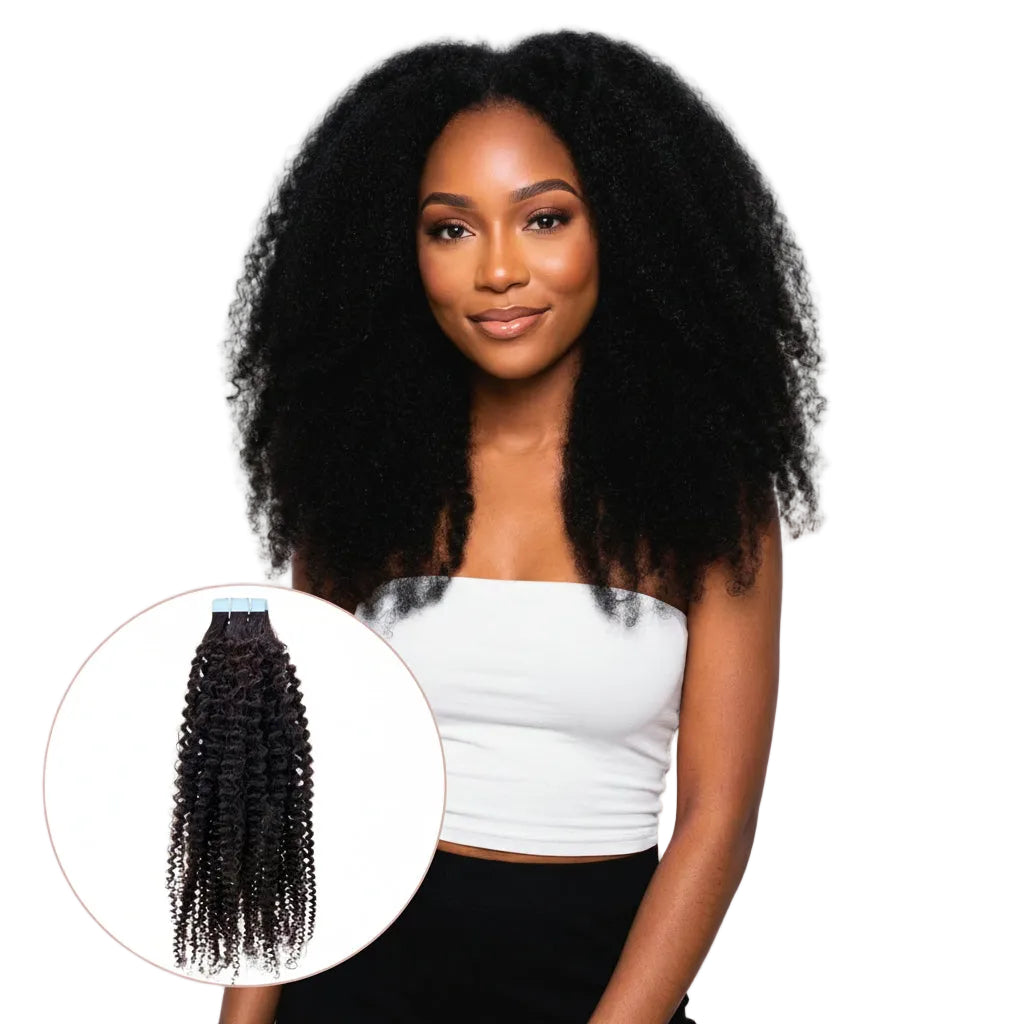 Woman with long, curly hair extensions and a close-up of the extensions on a gray background