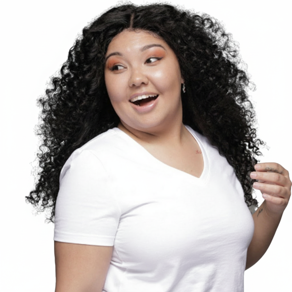 Woman with long, curly black hair wearing a white t-shirt on a white background HookedOnBundles Virgin Hair
