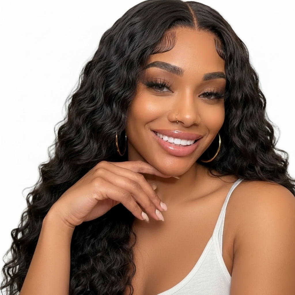 Woman with styled hair and makeup against a neutral background HookedOnBundles Virgin Hair