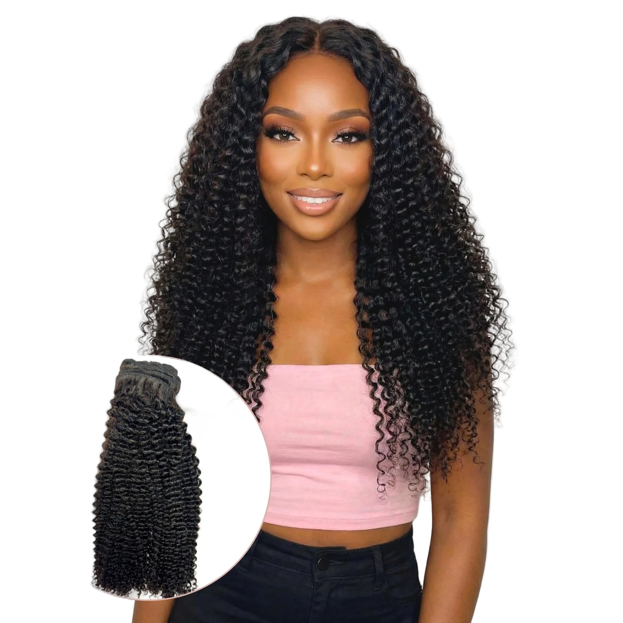 Woman with long, curly hair and a close-up of a hair extension on a white background HookedOnBundles Virgin Hair