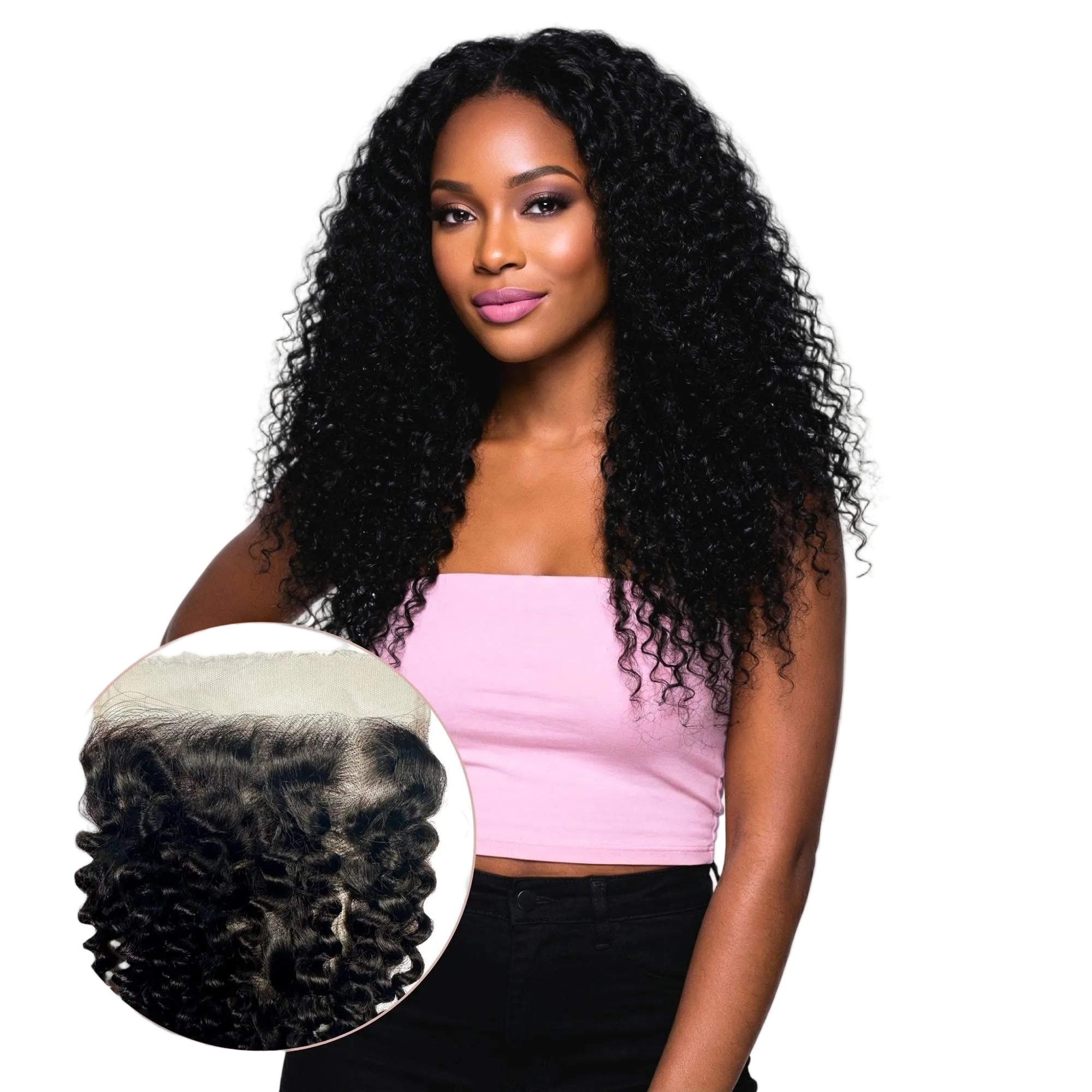 Woman with long, curly hair and a close-up of hair extensions on a white background