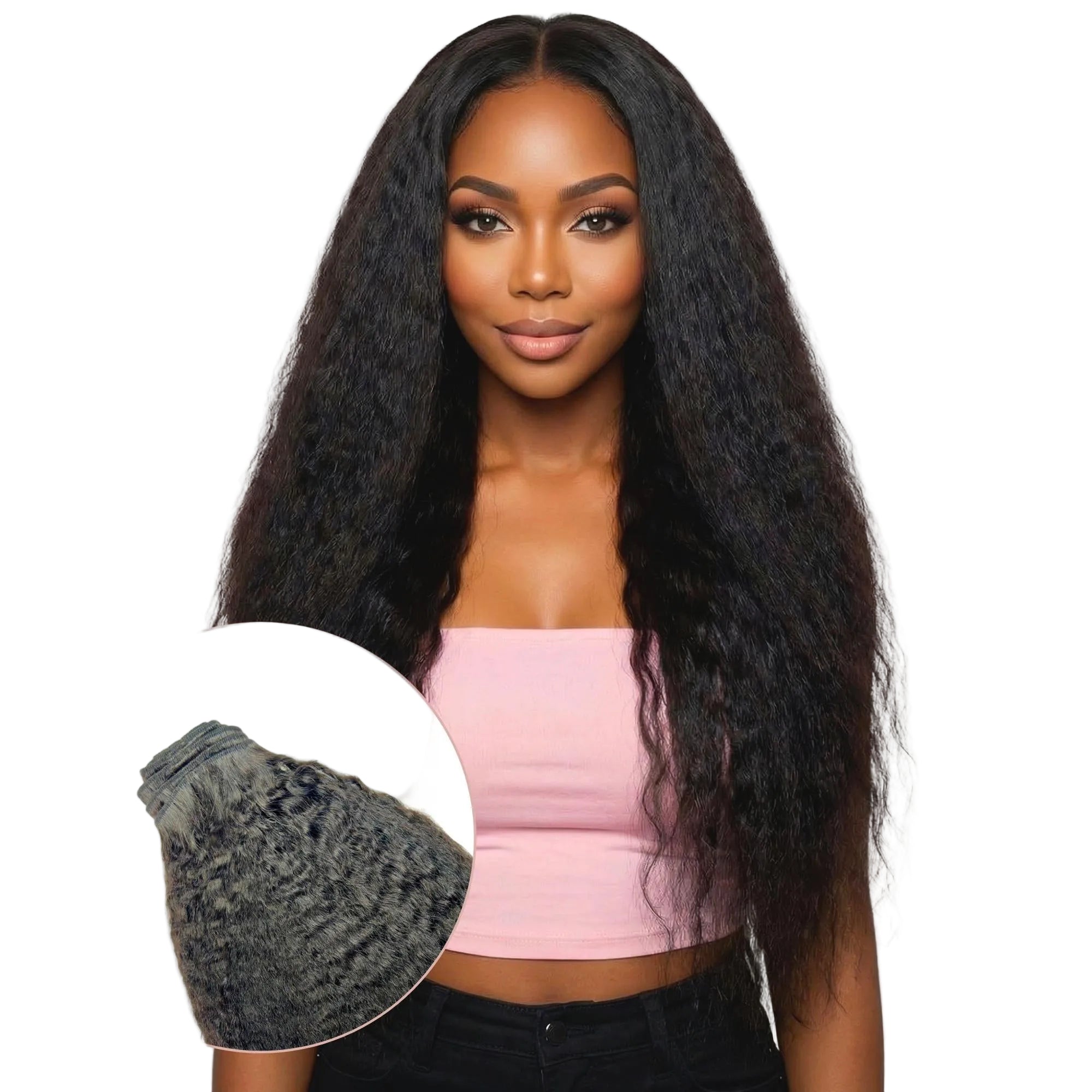 Woman with long, straight black hair wearing a pink top on a white background. HookedOnBundles Virgin Hair