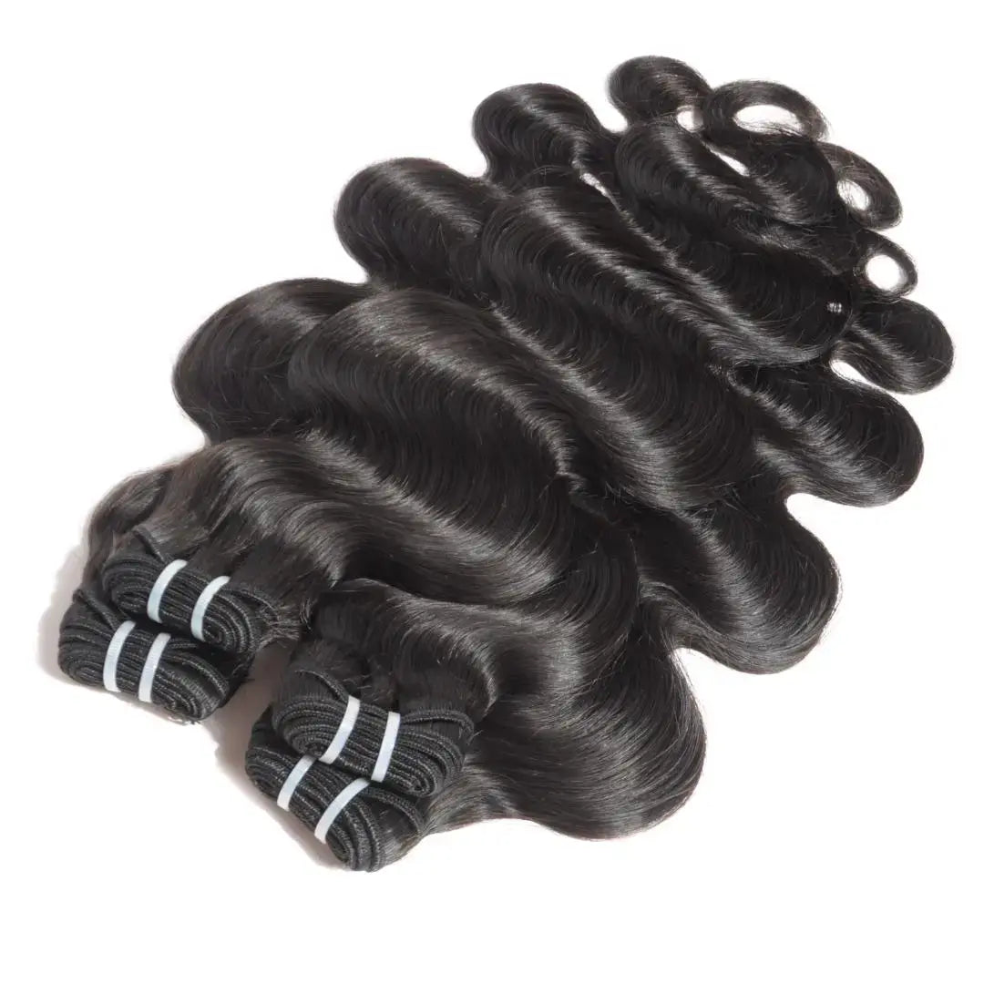Three bundles of black hair extensions on a white background HookedOnBundles Virgin Hair