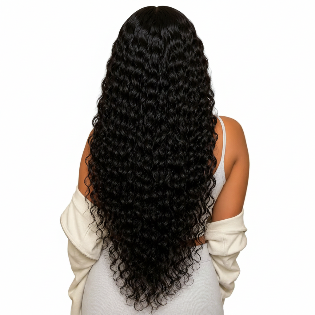 Person with long, wavy black hair against a white background HookedOnBundles Virgin Hair