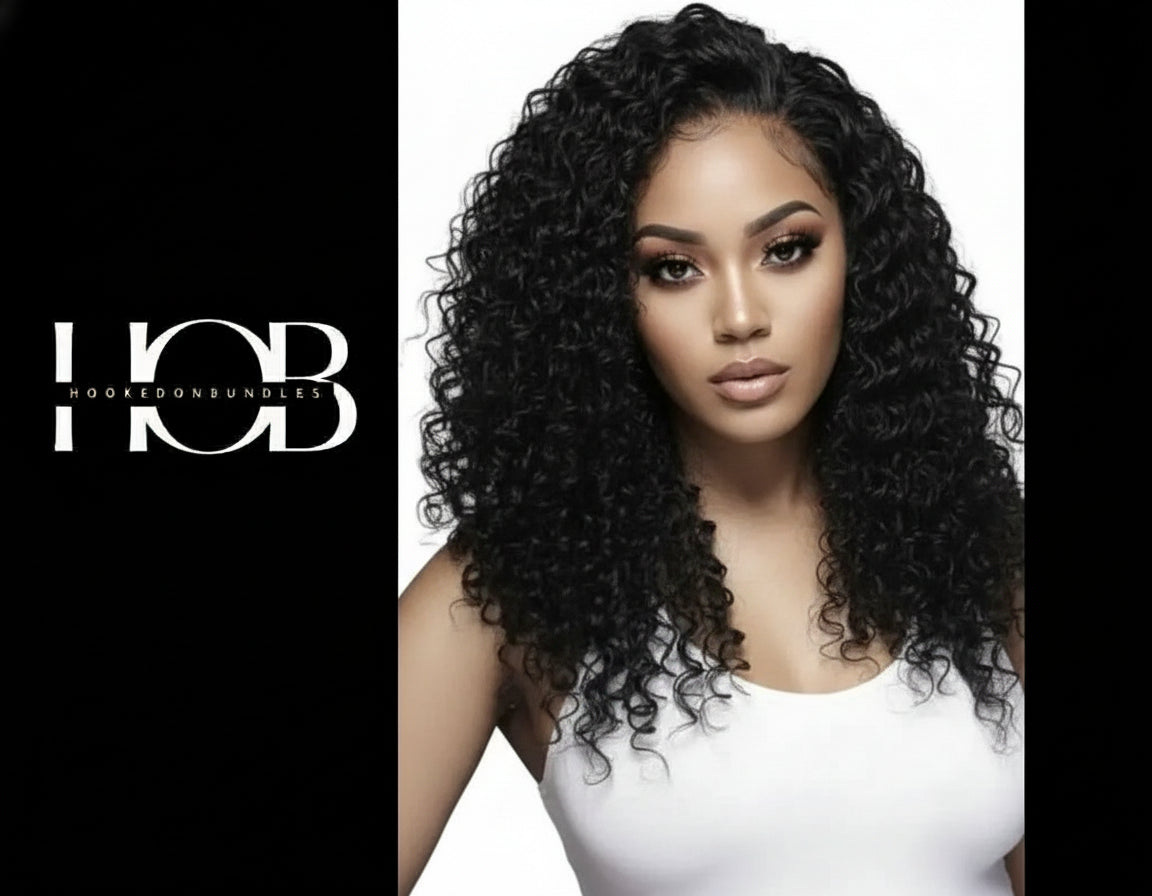 Woman with deep wave styled hair next to the 'Hooked on Bundles' logo HookedOnBundles Virgin Hair