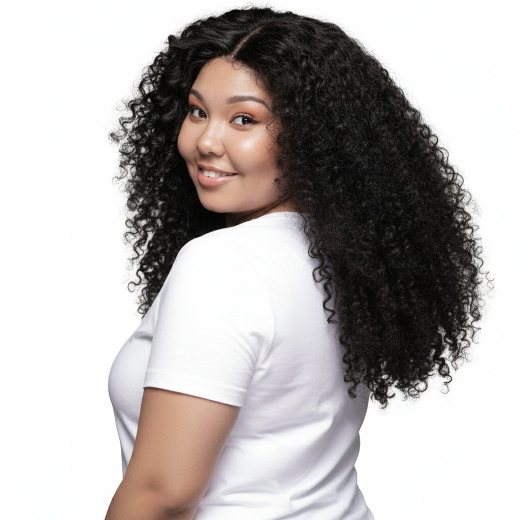 Woman with voluminous curly hair wearing a white shirt on a white background HookedOnBundles Virgin Hair