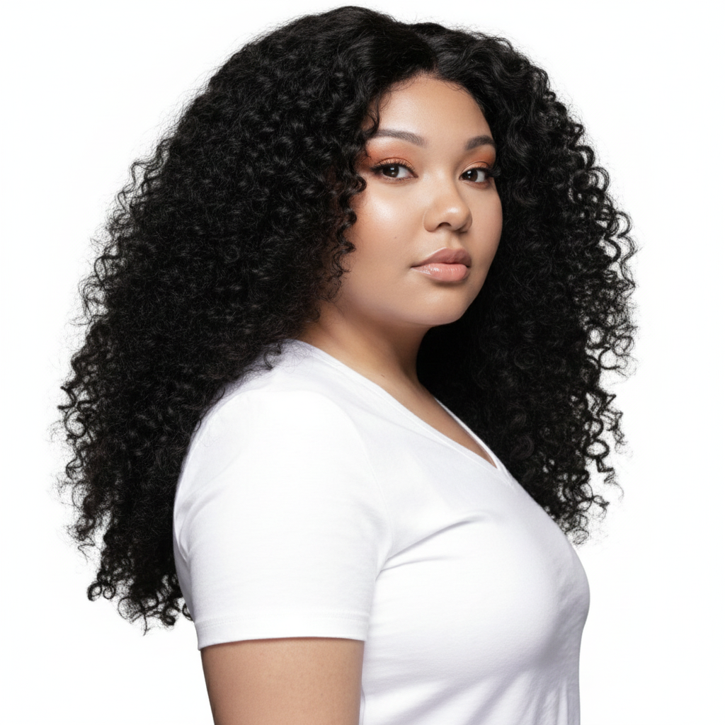 Woman with voluminous curly hair wearing a white shirt on a white background HookedOnBundles Virgin Hair