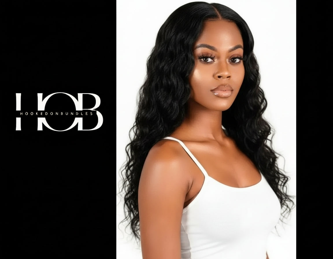 Woman wearing a white tank top with 'HookedOnBundles' logo on a black background HookedOnBundles Virgin Hair