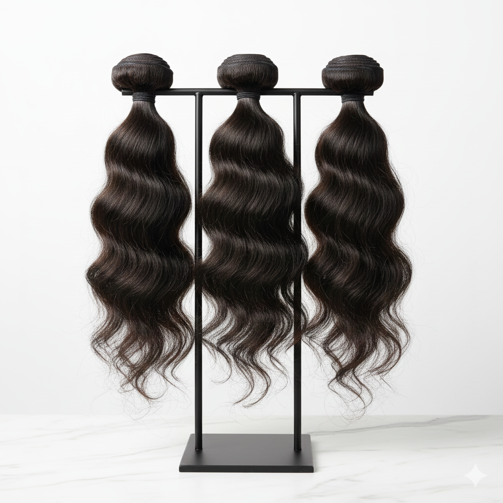 Three bundles of wavy hair extensions on a stand against a white background HookedOnBundles Virgin Hair