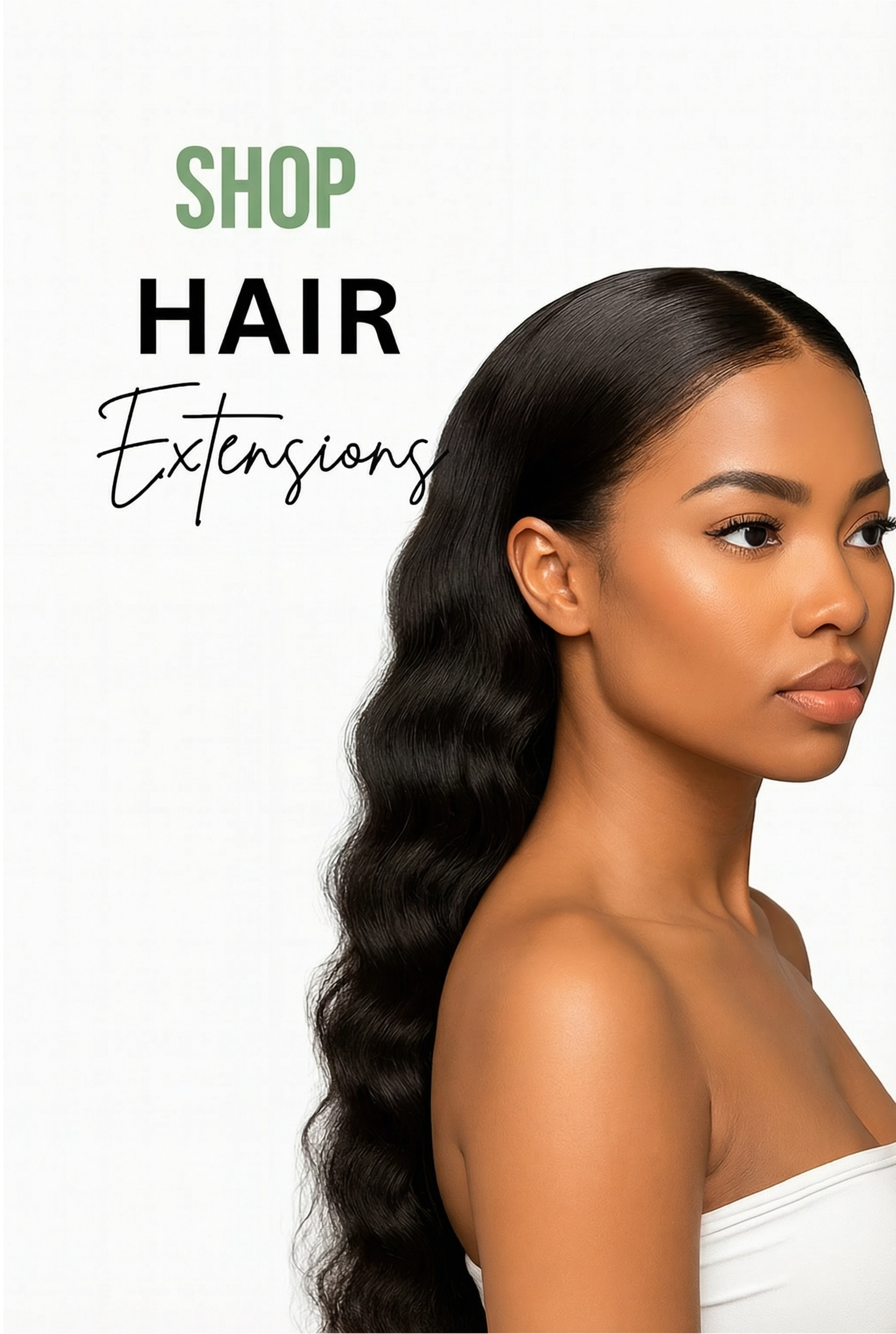 Woman with long, wavy hair extensions on a white background with text 'Shop Hair Extensions'. HookedOnBundles Virgin Hair
