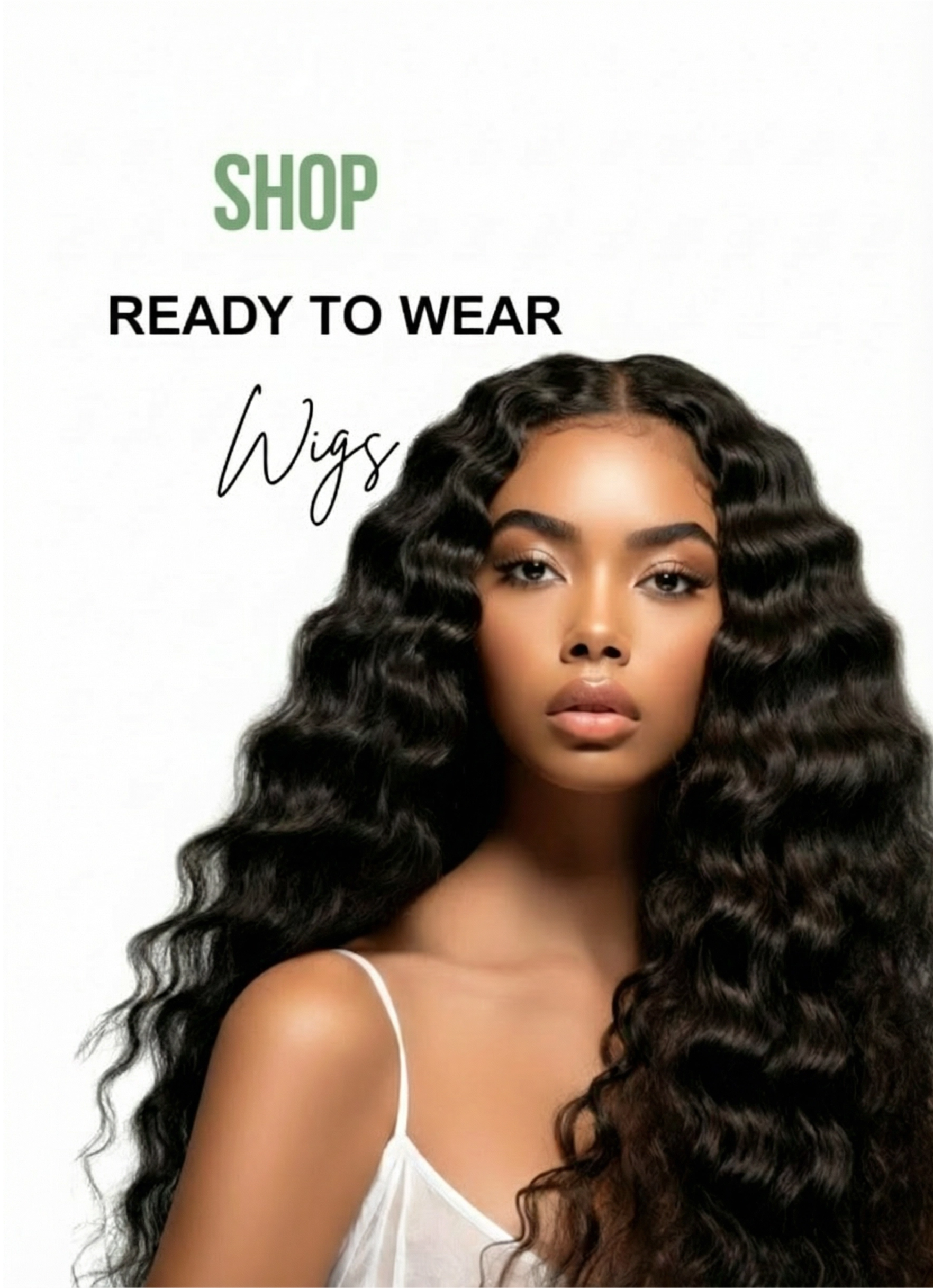 Woman wearing a wig with text 'Shop Ready to Wear Wigs' on a white background HookedOnBundles Virgin Hair
