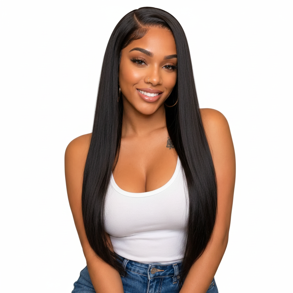 Woman with long straight black hair wearing a white tank top and blue jeans against a beige background HookedOnBundles Virgin Hair